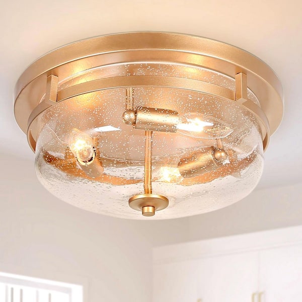 LNC 13.5 in. 3-Light Gold Drum Flush Mount Light Modern Circle Ceiling Light with Clear Seedy Glass Shade for Entry Kitchen
