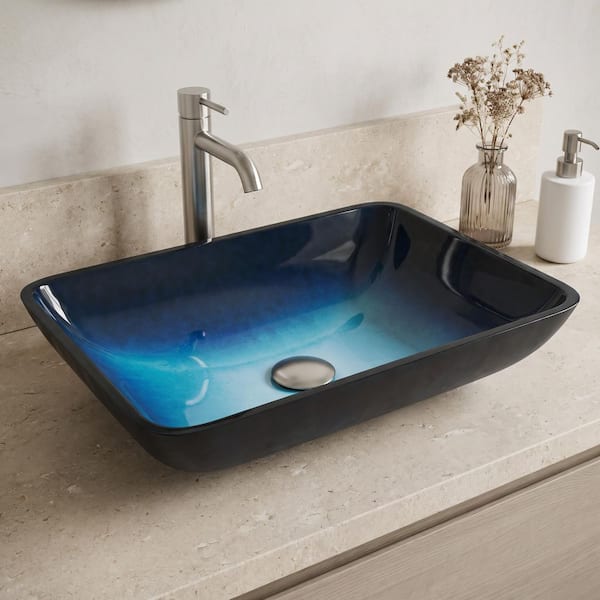 Donatello Turquoise Blue Glass 18 in. L x 13 in. W x 4 in. H Rectangular Vessel Bathroom Sink