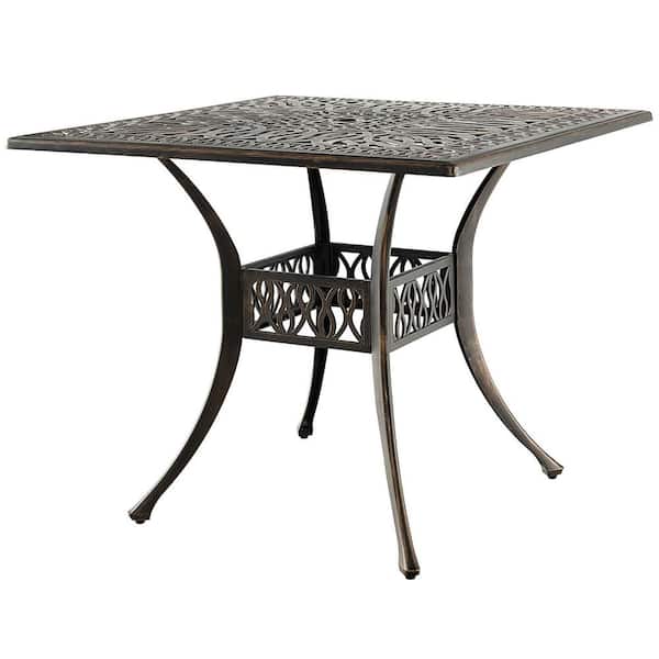 WELLFOR 35.4 in. Square Cast Aluminum Outdoor Dining Table with Umbrella Hole