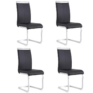 Modern Black PU Faux Leather High Back Upholstered Chair with C-Shaped Tube Chrome Metal Legs for Dining Room (Set of 4)
