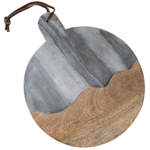 11 Inch Marble and Mango Wood Round Serving Tray in Gray with Handle