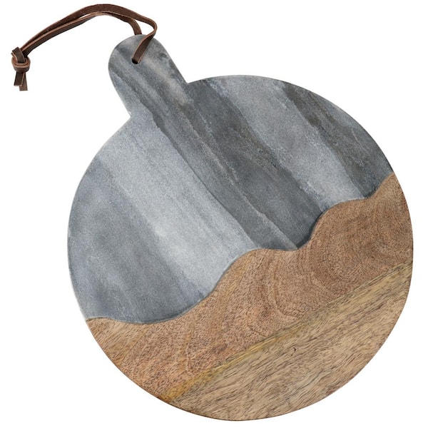 Laurie Gates 11 Inch Marble and Mango Wood Round Serving Tray in Gray with Handle
