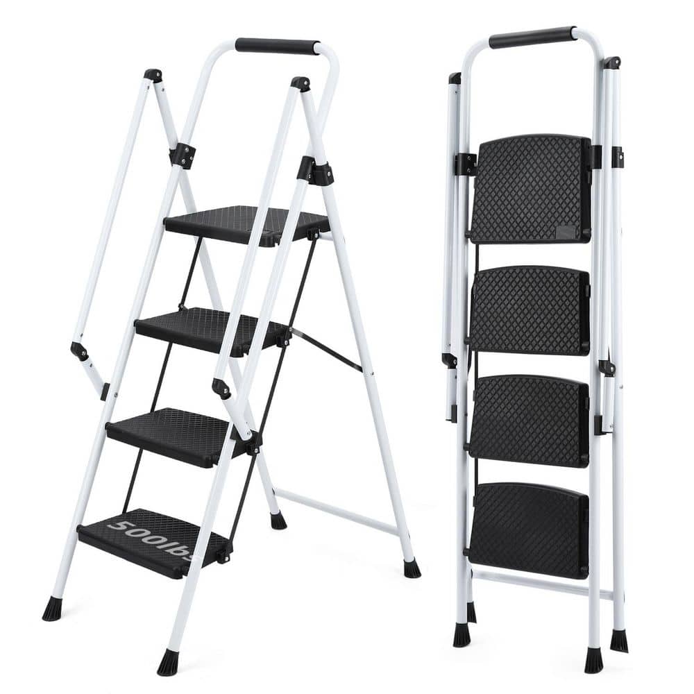 White 4-Step Steel Step Stool with Safety Handle, Light Folding Step Ladder