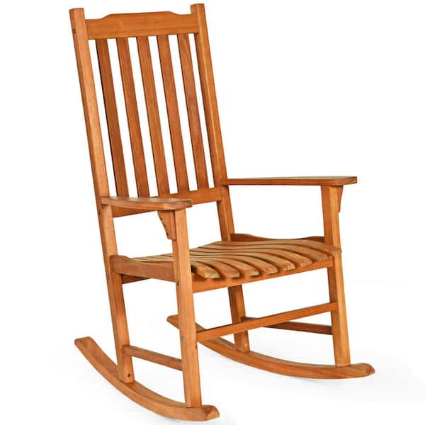WELLFOR Natural Wood Outdoor Rocking Chair with High Backrest