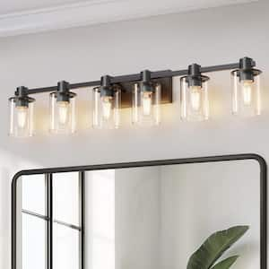 41 in. 6-Light Black Bathroom Vanity Lighting Fixture with Clear Glass Shades for Mirror, Bathroom, and Hallway