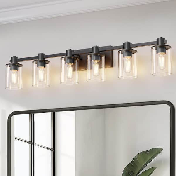 YANSUN 41 in. 6-Light Black Bathroom Vanity Lighting Fixture with Clear Glass Shades for Mirror, Bathroom, and Hallway