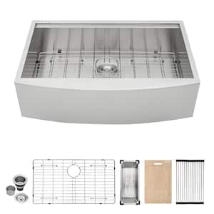 33 in. Single Bowl 18-Gauge Stainless Steel Apron Farmhouse Workstation Kitchen Sink with Bottom Grid