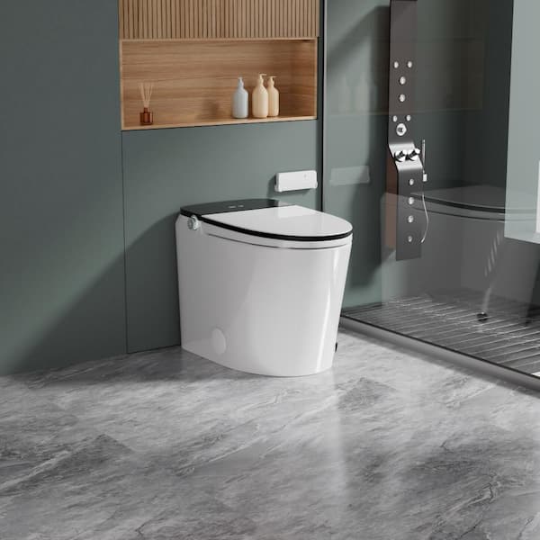 Elongated Smart Toilet Bidet in White with Heated Seat Foot Kick Flush Warm Air Dryer 1.28 GPF Quiet Operation