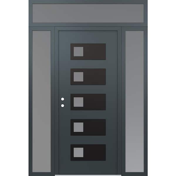 D2 68 in. x 96 in. Black P Right-Hand/Inswing Frosted Glass Anth/Anth 2 Sidelite+Transom Steel Prehung Front Door