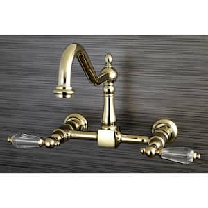 Victorian Crystal 2-Handle Wall-Mount Standard Kitchen Faucet with Side Sprayer in Polished Brass