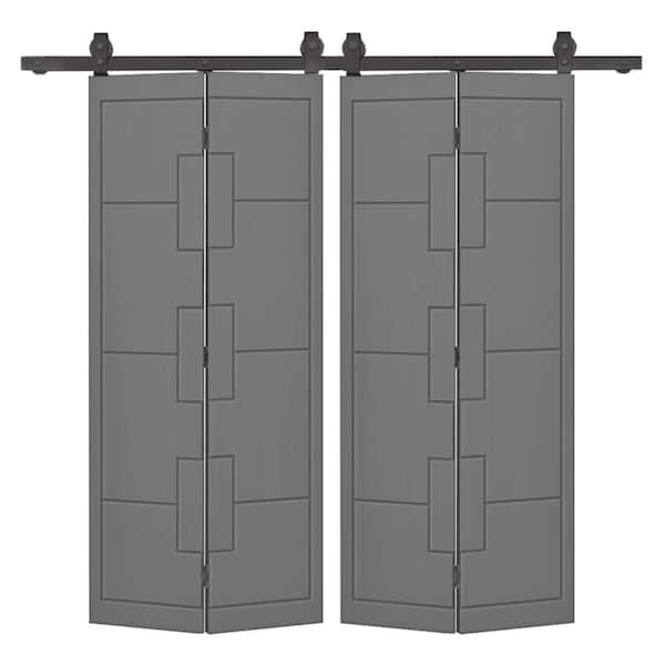 68 in. x 84 in. Light Gray Painted MDF Composite Modern Bi-Fold Hollow Core Double Barn Door with Sliding Hardware Kit