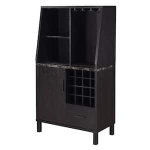 Newport Black Faux Marble/Espresso Wine Storage Bar with Drawer and Cabinet