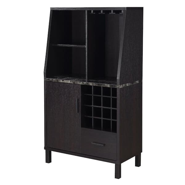 Convenience Concepts Newport Black Faux Marble/Espresso Wine Storage Bar with Drawer and Cabinet