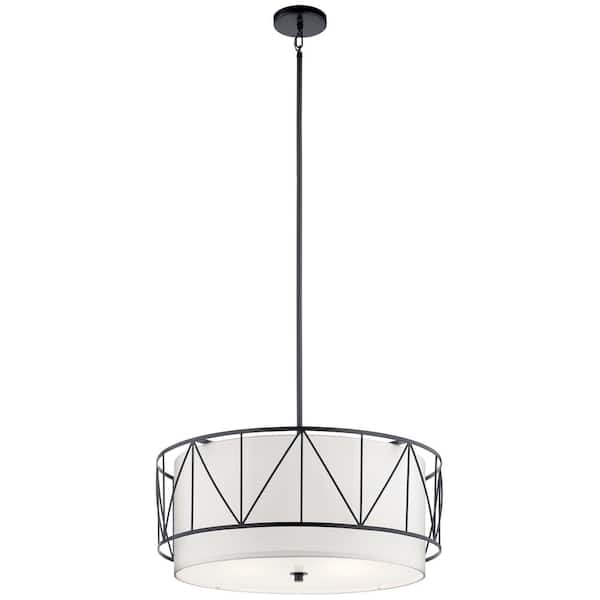 Birkleigh 4-Light Black Transitional Shaded Kitchen Pendant Hanging Light with Fabric Shade