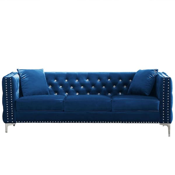 Angel Sar 82.30 in. Wide Square Arm Velvet Modern Straight 3-Seater Sofa in Blue with Diamond Tutton Tuft Backrest