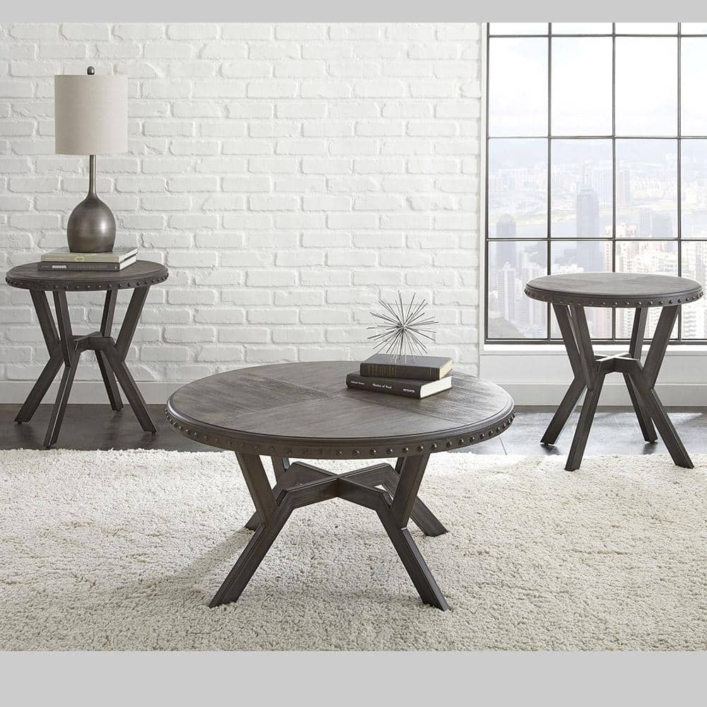 Gray Round Wood and Metal Coffee Table with Nailhead Trim