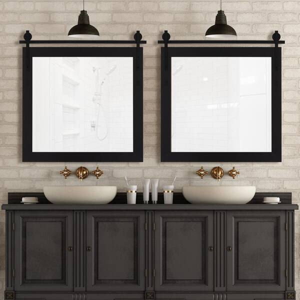 Hitchcock Butterfield Westmont 28 in. W x 28 in. H Farmhouse Rustic Square Framed Black Decorative Barn Door Bathroom Vanity Mirror
