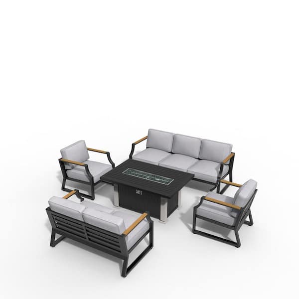 moda furnishings Geoffrey Black 5-Piece Aluminum Patio Fire Pit Conversation Set with Gray Cushions