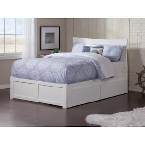 Metro White Full Solid Wood Storage Platform Bed with Flat Panel Foot Board and 2 Bed Drawers
