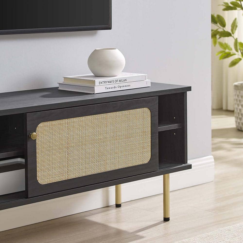 Cambria 47" Black Particleboard TV Stand with Rattan Weave