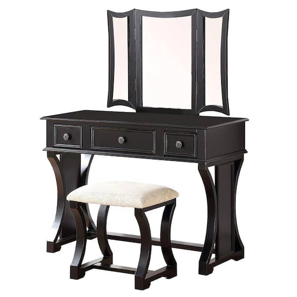 Benjara Modish Black Vanity Set Featuring Stool and Mirror BM167181 ...