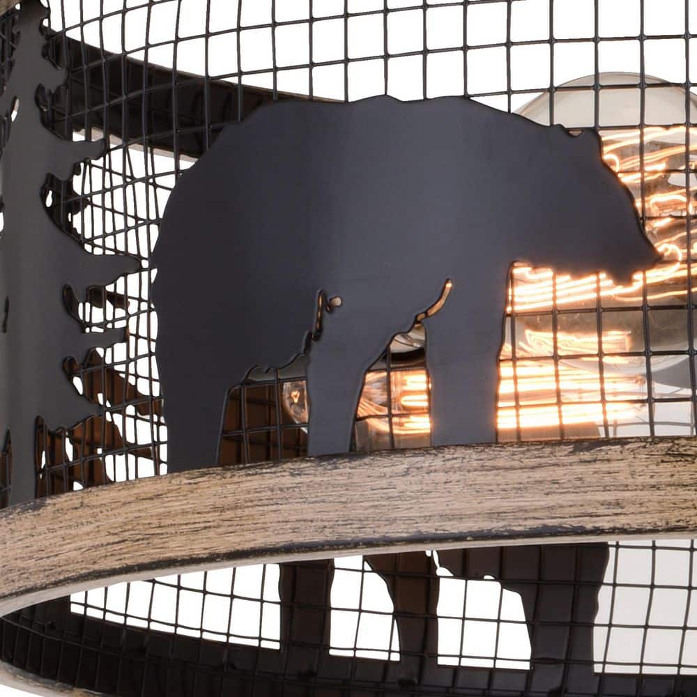 Kodiak Rustic Black and Teak 16" Drum Ceiling Light
