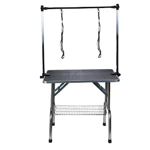 Folding Pet Grooming Table Stainless Legs and Arms Black Rubber Top Storage Basket