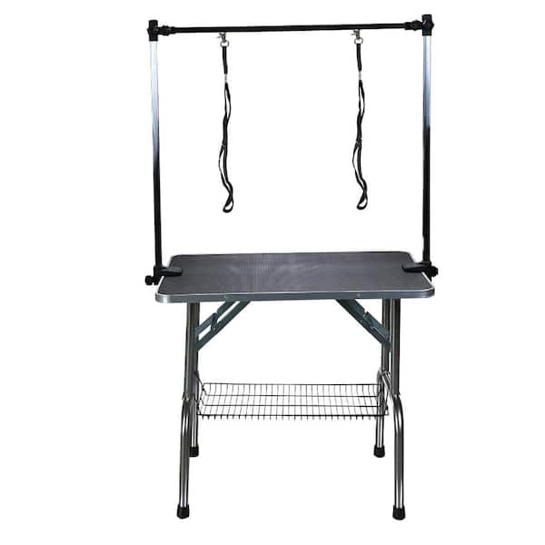 Tatayosi Folding Pet Grooming Table Stainless Legs and Arms Black Rubber Top Storage Basket