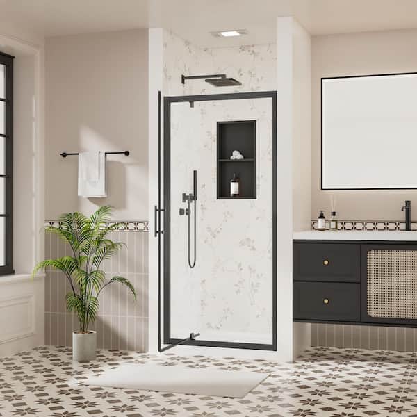 28 to 29.5 in. W x 72 in. H Framed Reversible Pivot Shower Door in Matte Black with Nano-Coated Tempered Glass