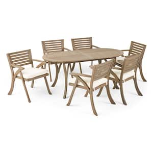 Hermosa 30 in. Grey 7-Piece Wood Oval Outdoor Patio Dining Set with Cream Cushions