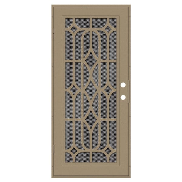 Unique Home Designs Essex 32 in. x 80 in. Right-Hand Outswing Desert Sand Aluminum Security Door with Black Perforated Metal Screen