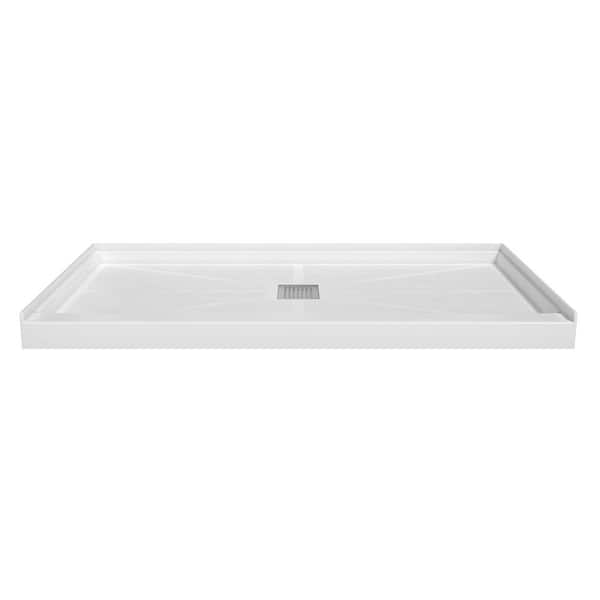 60 in. L x 30 in. W Single Threshold Alcove Shower Pan Base with Center Drain in White