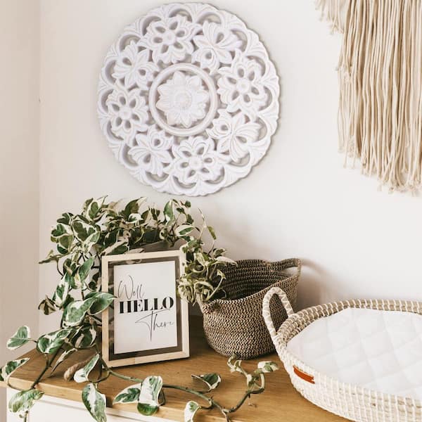 Wall Hanging Flower Round Wall Art Wooden Wall Panel Distressed