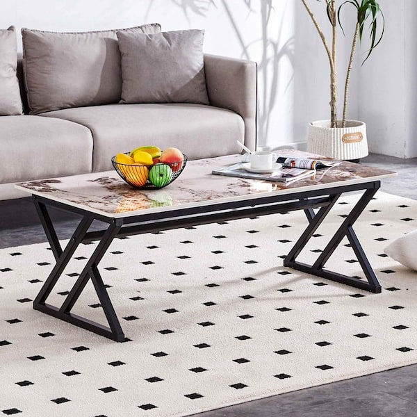 Modern 47 in. White/Black Rectangle Stone Coffee Table