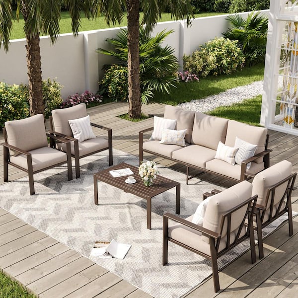 6-Piece Metal Patio Conversation Set with Khaki Cushions