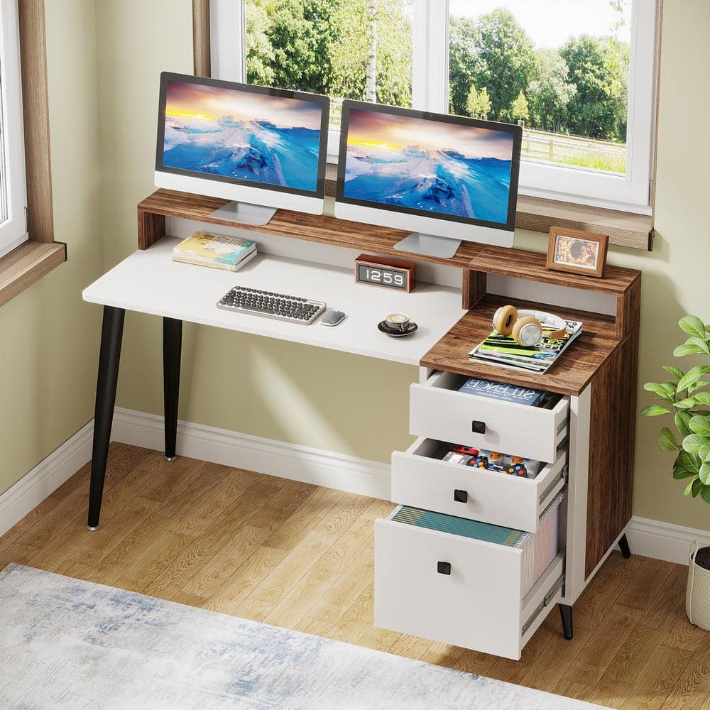 Halseey 56.3 in. Rectangular Rustic Brown and White Wood 3-Drawer Computer Desk with Storage shelves and Monitor Stand -  TRIBESIGNS WAY TO ORIGIN, HD-AL67524