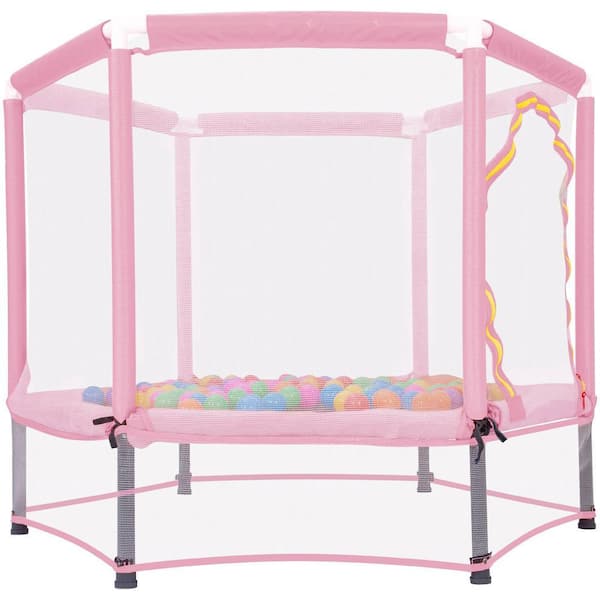Ami 55 Inch Pink Toddlers Trampoline with Safety Enclosure Net and Ocean Balls, Indoor Outdoor Mini Trampoline for Kids