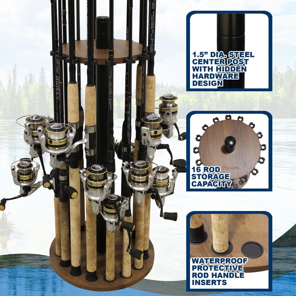 Dark Walnut Freestanding Round Fishing Rod Rack with Steel Post