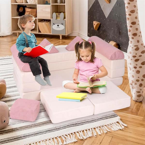 Pink Kids Modular Play Couch Play Set with Suede Fabric Cover High-Density Foam
