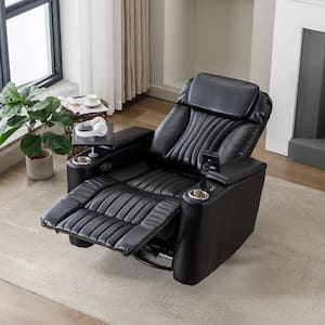 270° Power Swivel Recliner, Home Theater Seating With Hidden Arm Storage and LED Light Strip, Cup Holder, Black