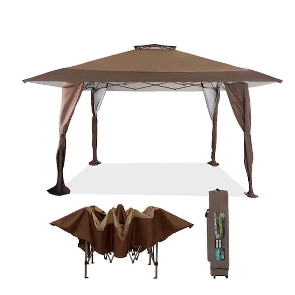 PHI VILLA 13 ft. x 13 ft. Brown Portable Gazebo Pop-Up Canopy