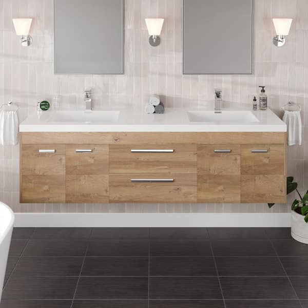 Lugano 72 in. Double Sink Floating Natural Oak Bath Vanity with White Acrylic Top (Assembled)