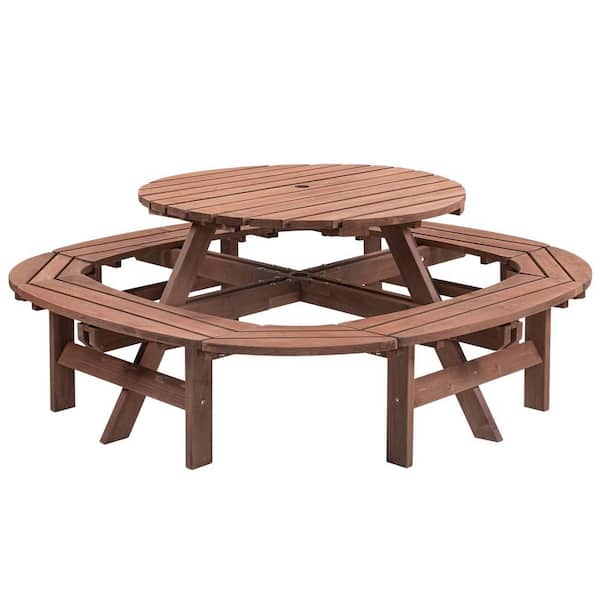 70.4 in. Brown Round Wood Picnic Table Seats 10-12 People with Umbrella Hole, Outdoor Dining Furniture and Bench