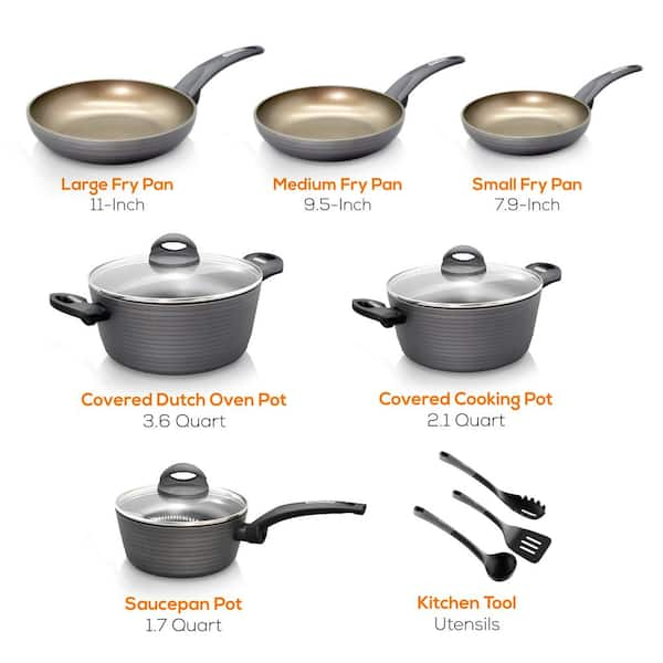 NutriChef Ridge Line Nonstick Kitchen Cookware Pots and Pan, 12 Piece Set,  Gray 