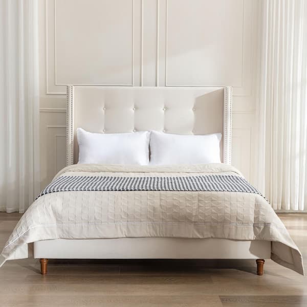 Noble House Peyton Ivory Velvet Upholstery and Wood Frame King Platform Bed with Wingback