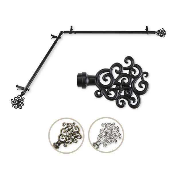Rod Desyne 13/16" Dia Adjustable 28" to 48" Single Corner Window Curtain Rod in Black with Tidal Finials