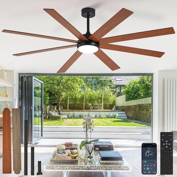 72 in. Grey Brushed Walnut 8 Blades Downrod Mount Large Ceiling Fan with Lights Included 3CCT Dimmable APP Remote