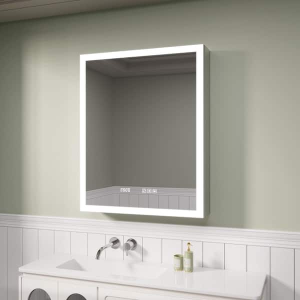 24 in. W x 30 in. H Rectangular Silver Aluminum Recessed/Surface Mount Left LED Medicine Cabinet with Mirror and Clock