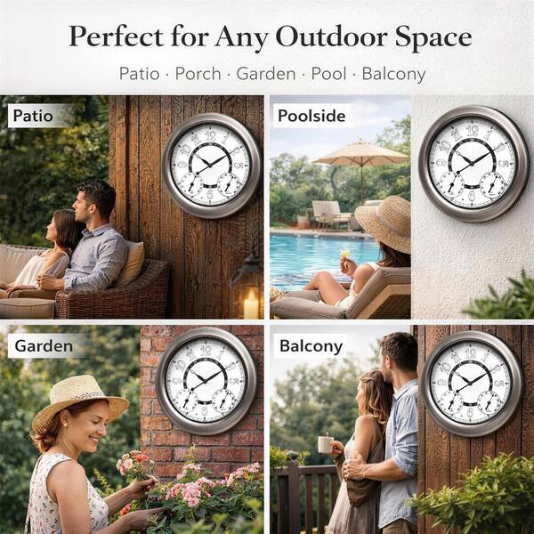 15 Inch Outdoor Wall Clock with Auto LED Light Sensor, Waterproof