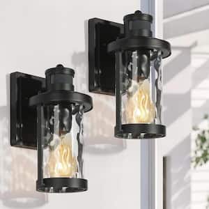 Modern Industrial Outdoor Wall Sconce 1-Light Motion Sensor Black Wall Light with Water-ripple Glass Shade (2-Pack)
